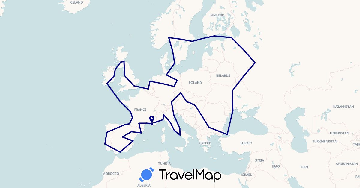 TravelMap itinerary: driving in Austria, Belgium, Bulgaria, Czech Republic, Germany, Denmark, Spain, Finland, France, United Kingdom, Hungary, Ireland, Italy, Netherlands, Norway, Portugal, Russia, Sweden, Slovakia, Turkey, Ukraine (Asia, Europe)